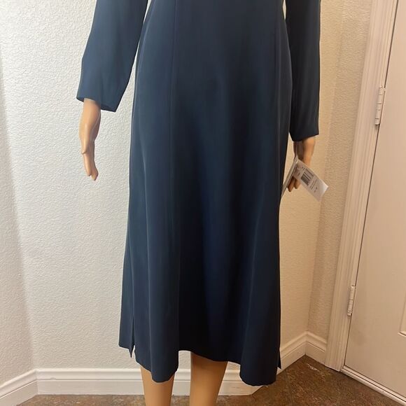 Patrick Petites Dress Size 4P 💯 Silk Teal Green Midi Long Sleeve Side Slits - Picture 4 of 11